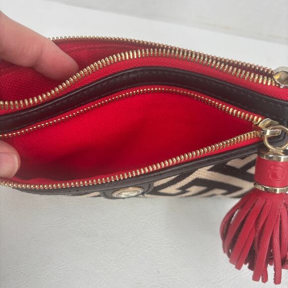 Spartina Wristlet Clutch with Tassel Beige Black Red Geometric Leather Linen Zip - Picture 4 of 12